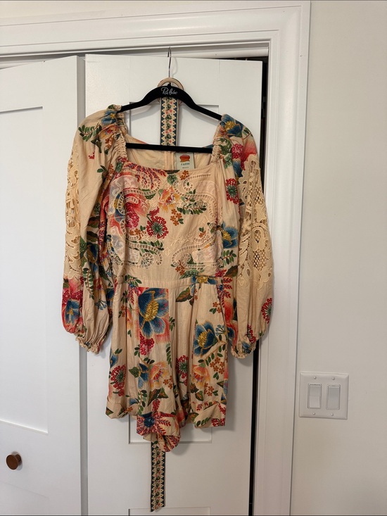 FARM Rio Other - FARM Rio Cream Floral Lace-Trim Romper with Blue & Red Accents